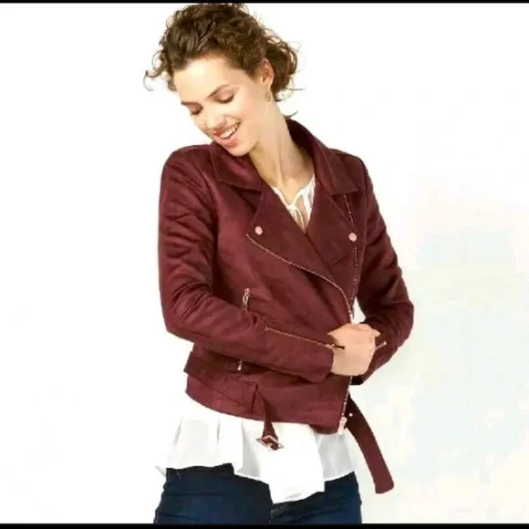 Women’s Lauren Conrad Runway Faux-suede Moto Jacket Burgundy Size 4 - Picture 2 of 8